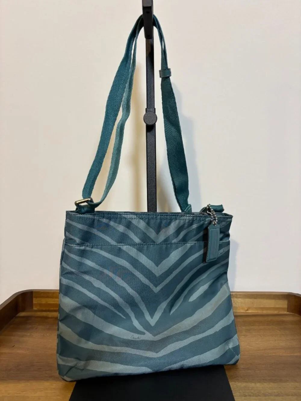 Coach Getaway Teal Zebra Print Nylon File Crossbody Bag